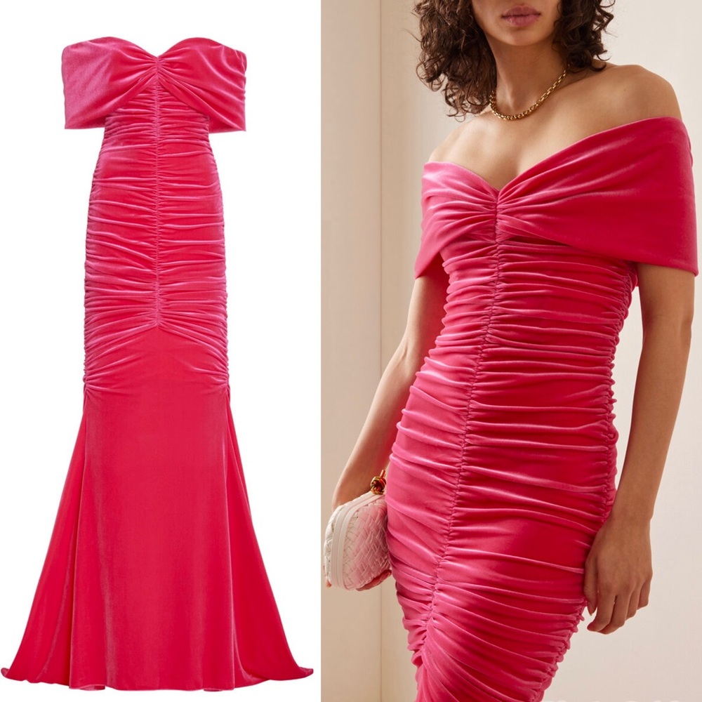 Monique Lhuillier Off the Shoulder Ruched Velvet Gown Long Dress